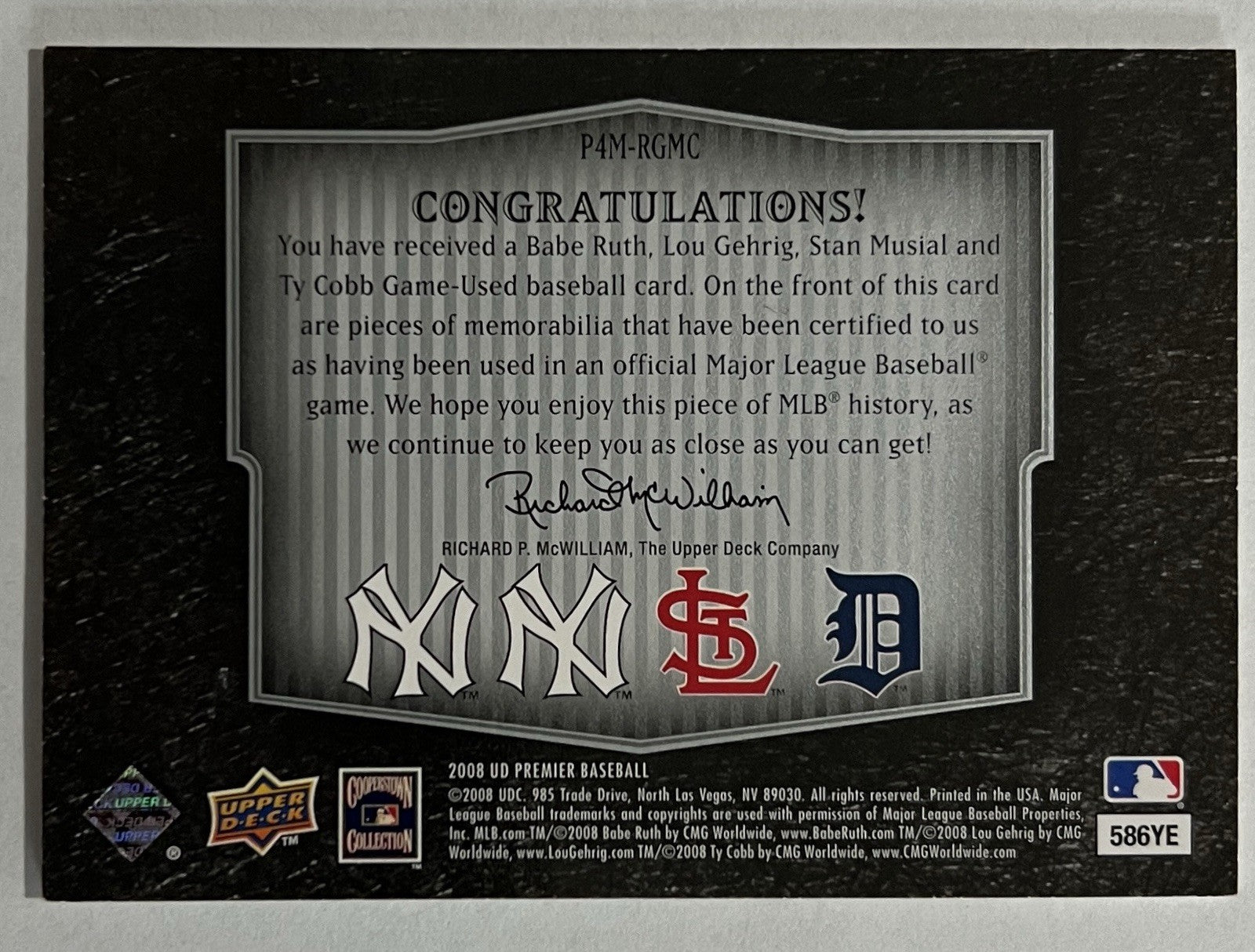 2008 Upper Deck, Babe Ruth Lou Gehrig Stan Musial Ty Cobb. Game Used Patch /253
