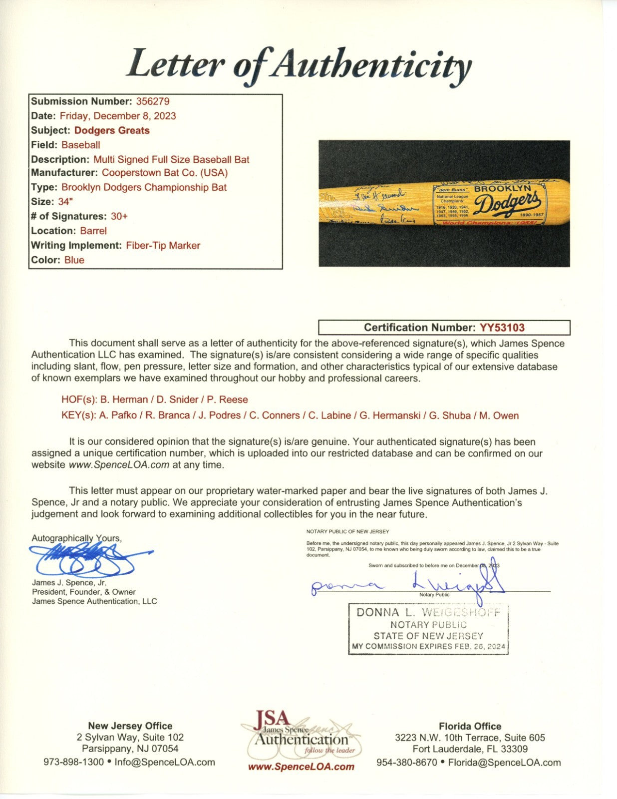 Pee Wee Reese, Snider Multi Signed Brooklyn Dodgers Greats Baseball Bat. JSA7