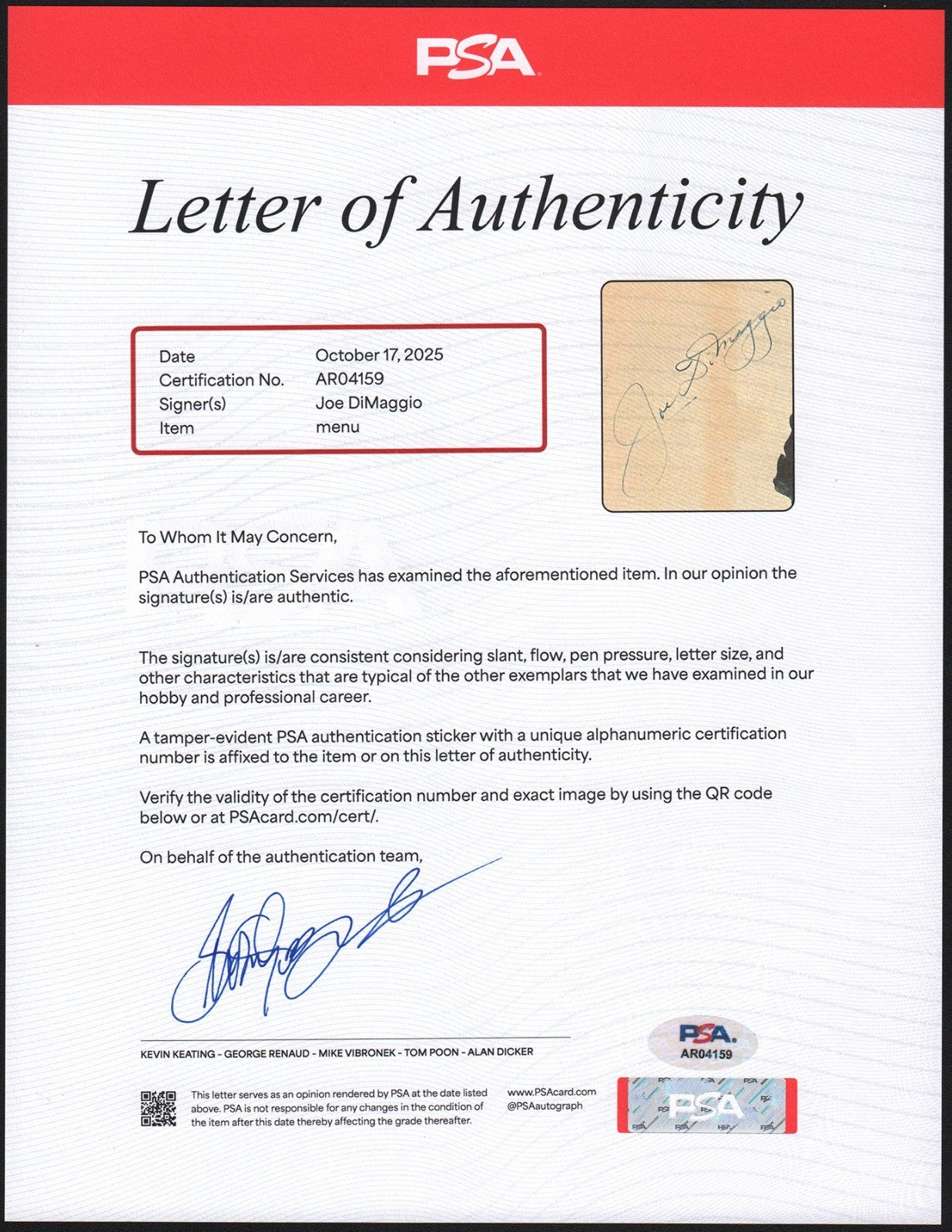 Joe DiMaggio Signed Menu Page from April 7, 1951. PSA3