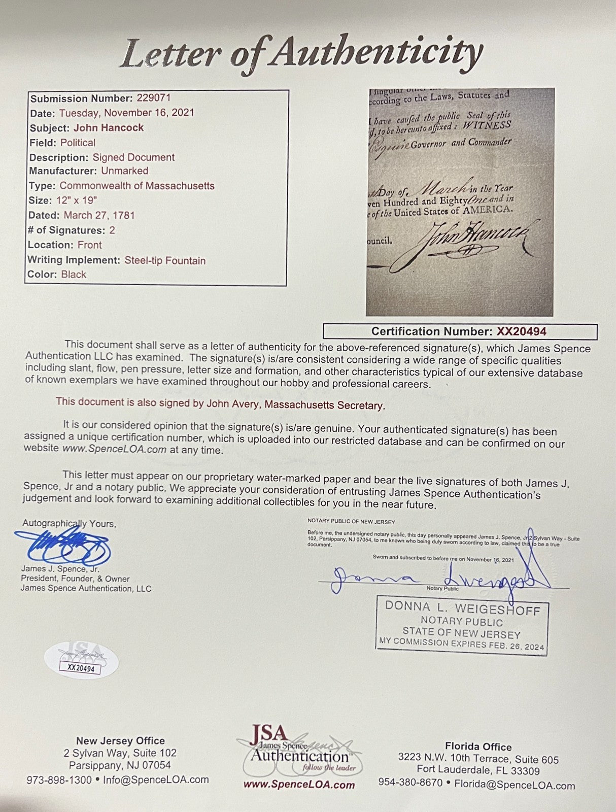 John Hancock Signed Appointment, Massachusetts, 1781. PSA JSA3