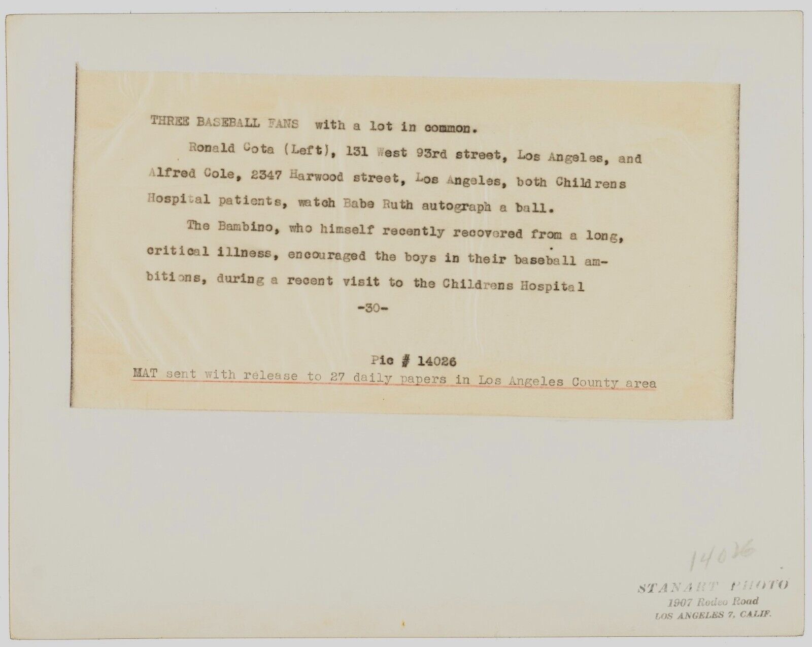 Babe Ruth 1947 Original 8x10 Photo, Signing Baseball for Kids. PSA Type 1