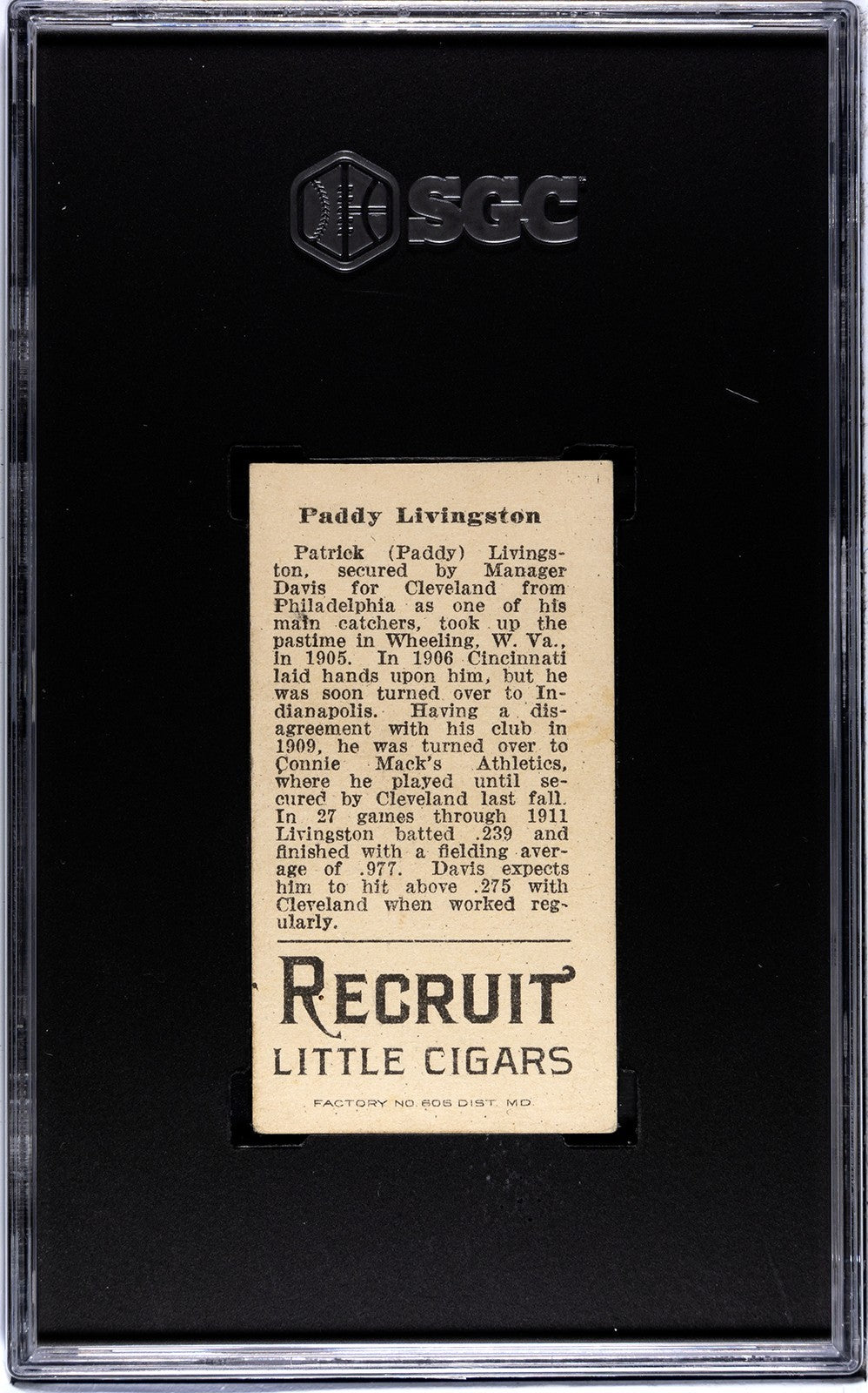1912 Recruit Little Cigars T207 Paddy Livingston SGC Authentic1