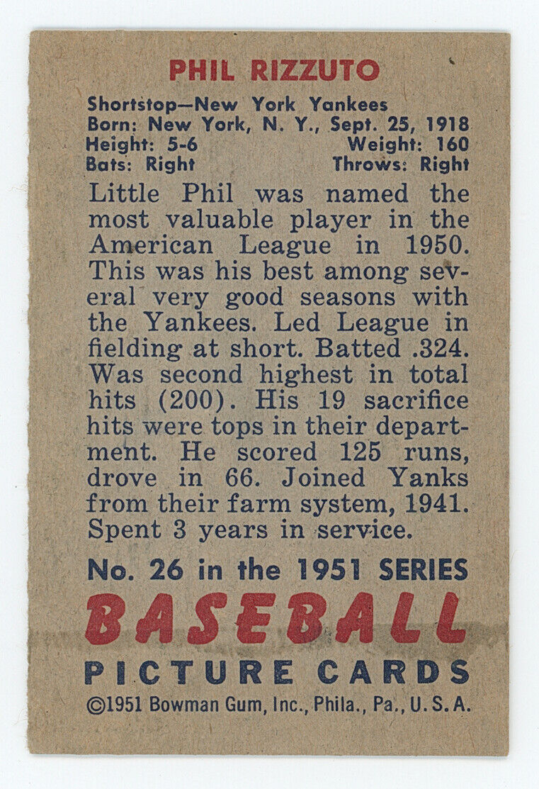 1951 Bowman Phil Rizzuto. New York Yankees.