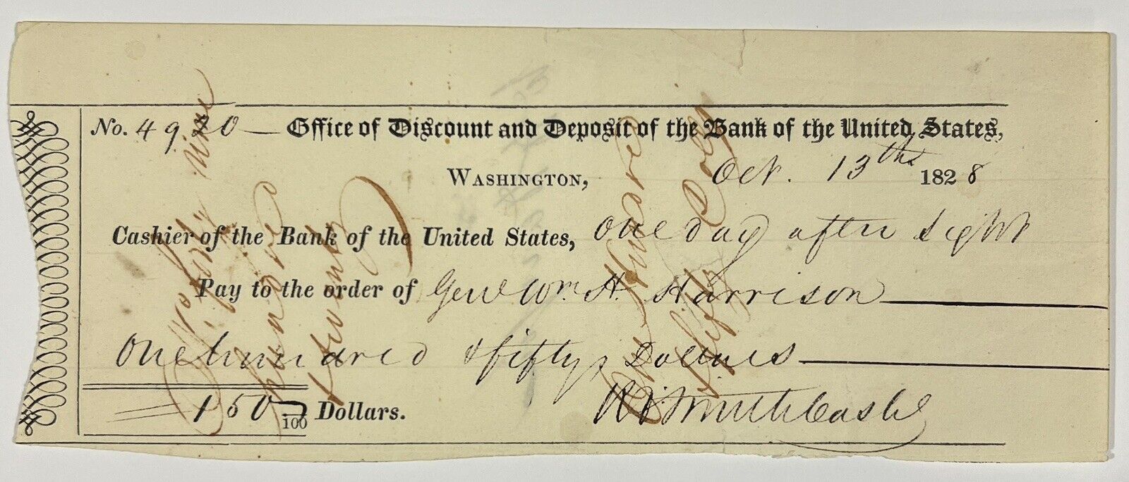 President William Henry Harrison Signed Check, 1828. Rare Autograph. PSA