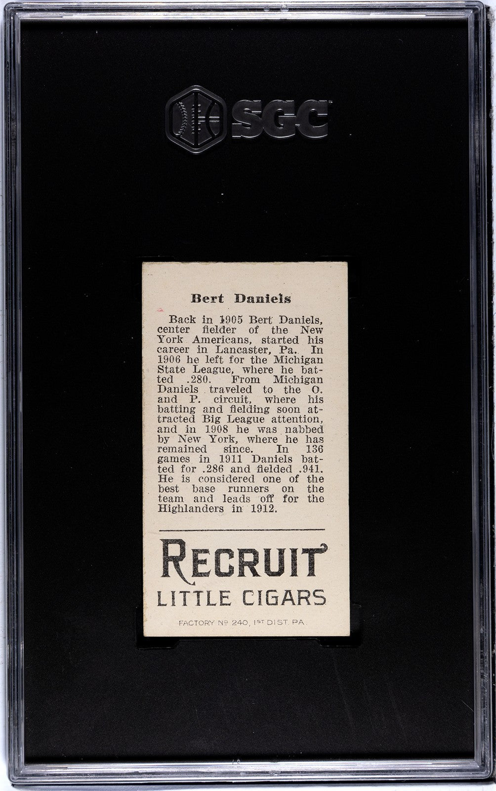1912 Recruit Little Cigars T207 Bert Daniels SGC 51