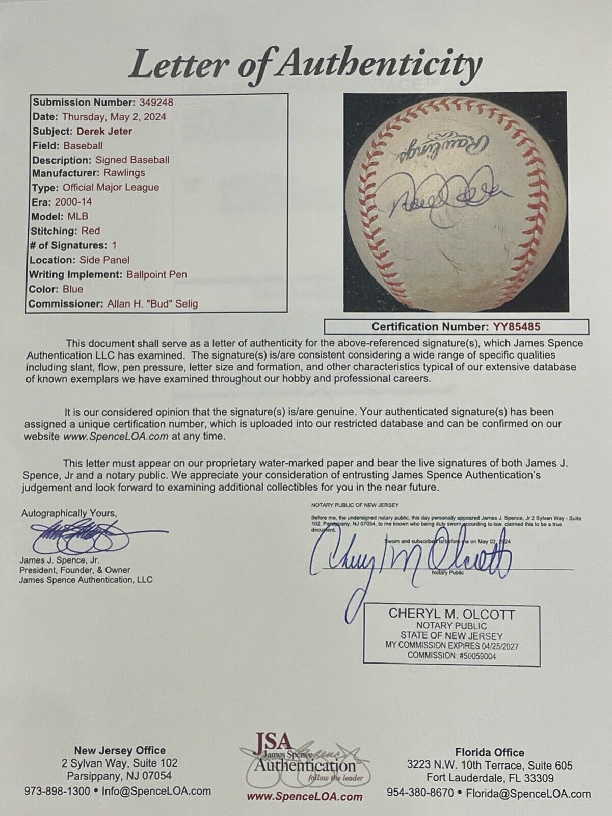 Derek Jeter Game Used Signed Baseball. New York Yankees. JSA