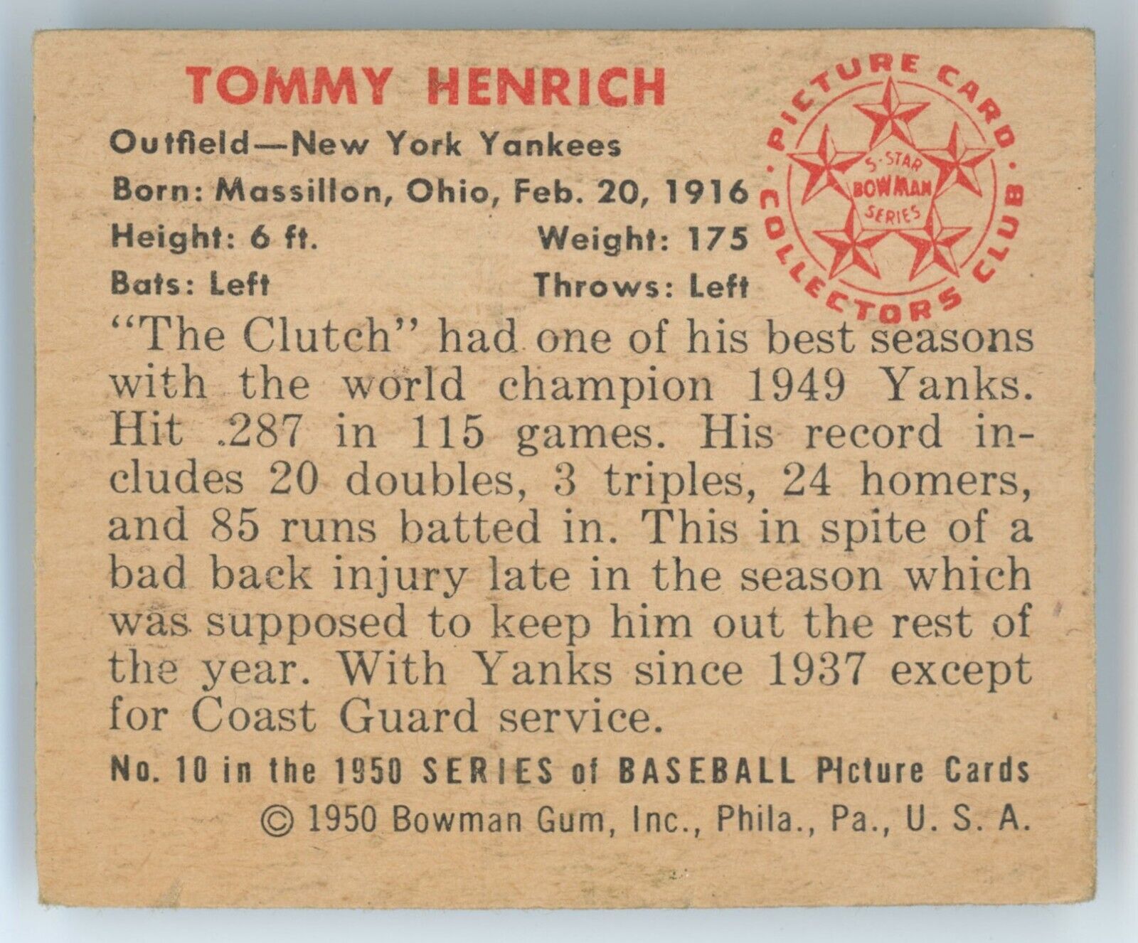 1950 Bowman Tommy Henrich.