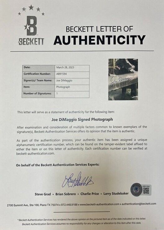 Joe DiMaggio Signed 16x20 Photo, Custom New York Yankees Frame. Auto Beckett BAS