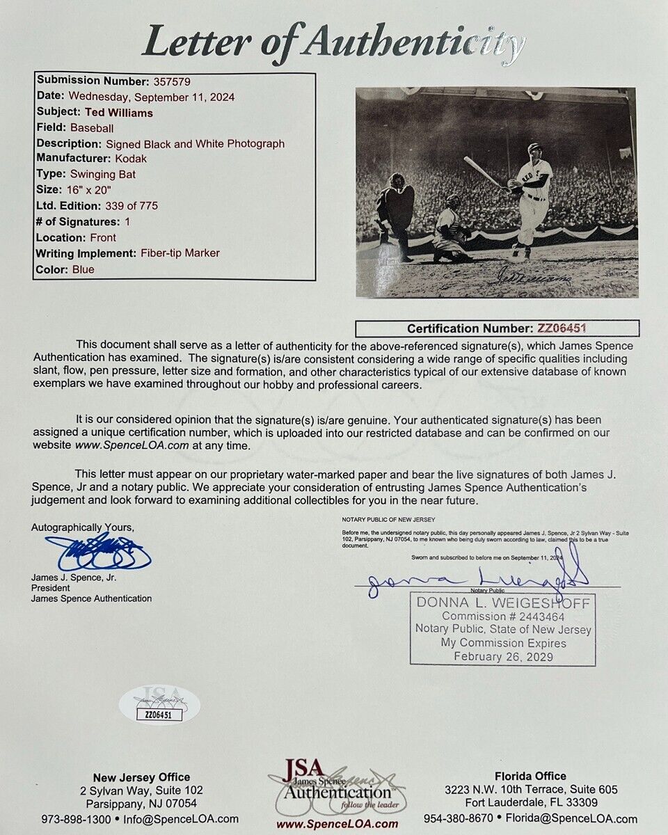 Ted Williams Signed & Framed 16x20 Action Shot, Limited Edition Photo. Auto JSA