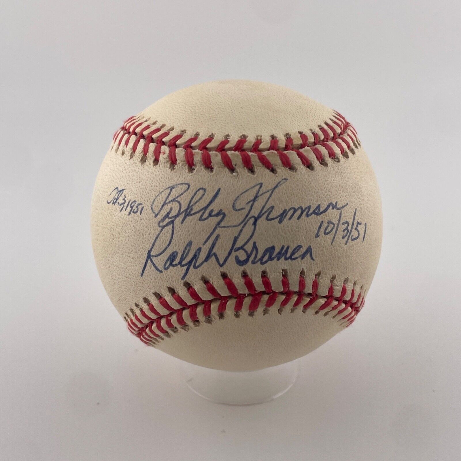 Bobby Thompson + Ralph Branca Dual Signed Inscribed Baseball. JSA.