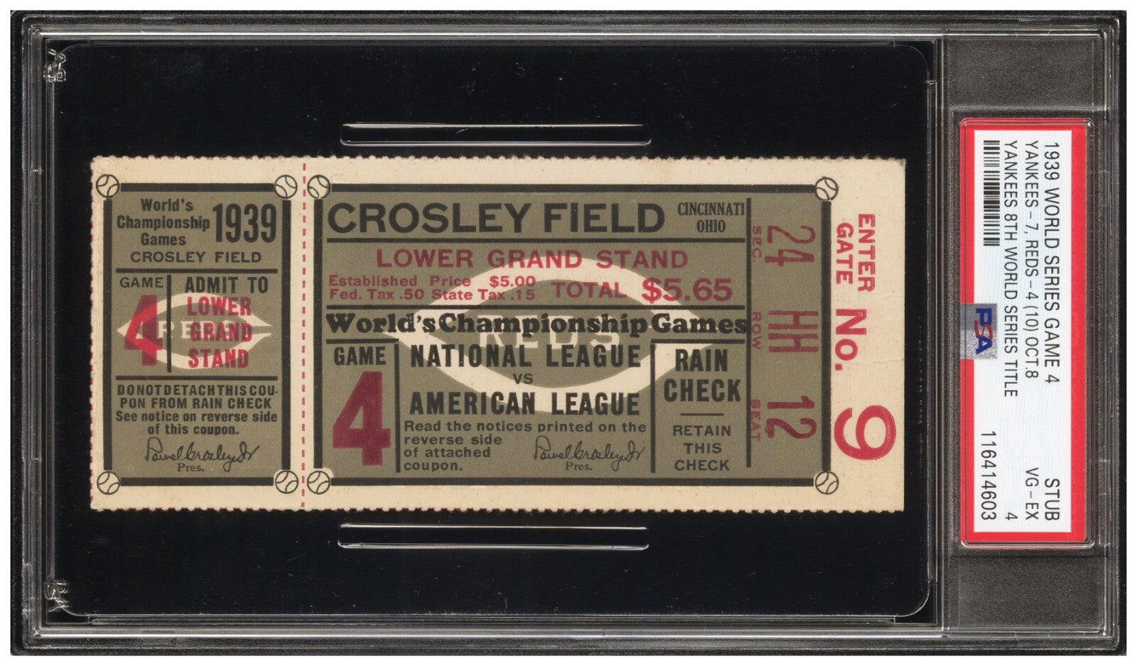 1939 World Series G4 Ticket. Yankees 8th Title, Gehrig&