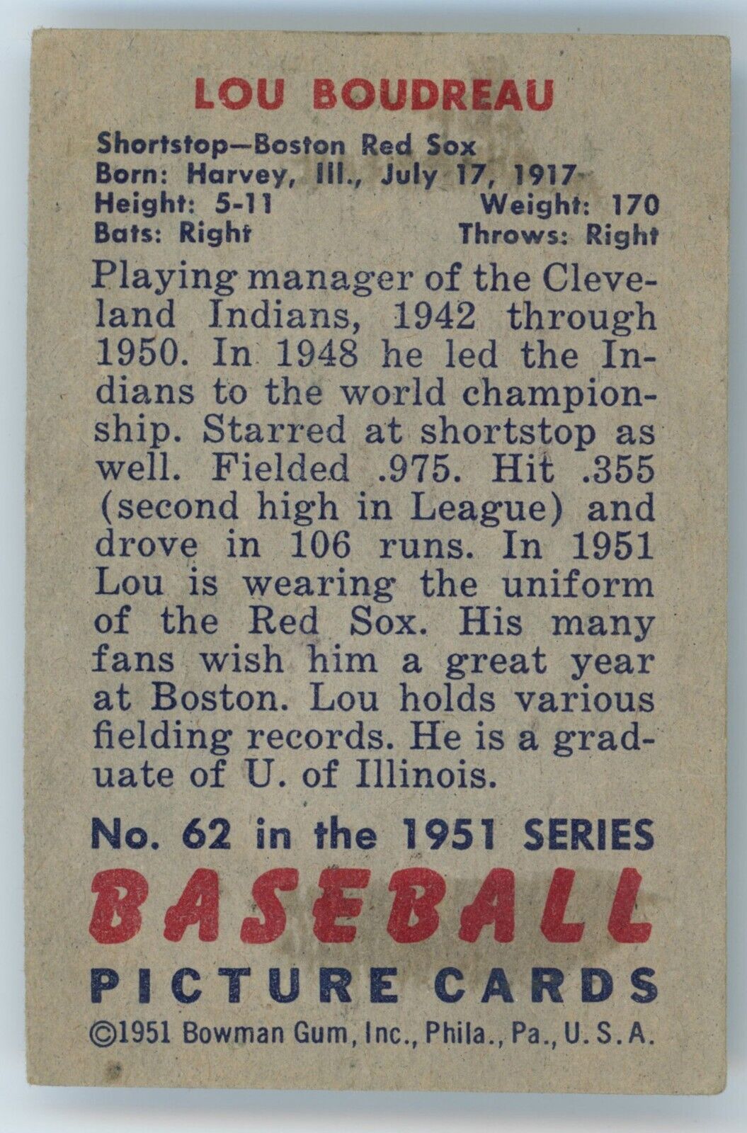 1951 Bowman Lou Boudreau.