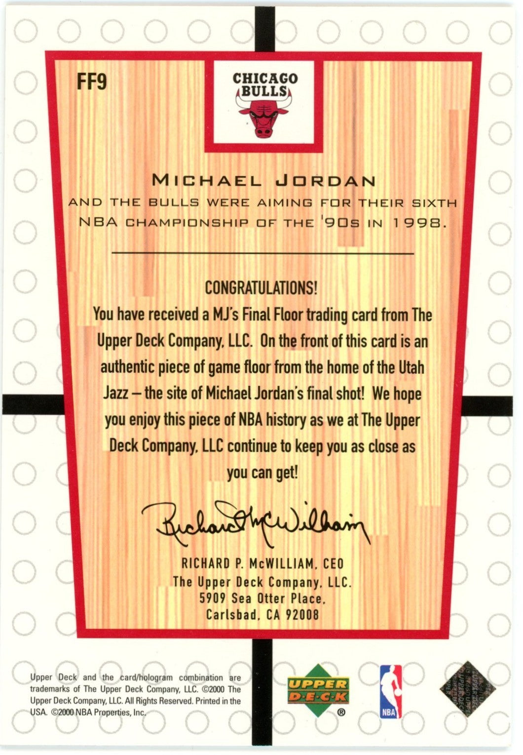 Michael Jordan 2000 Upper Deck Final Floor Game Used 1998 Finals Card.