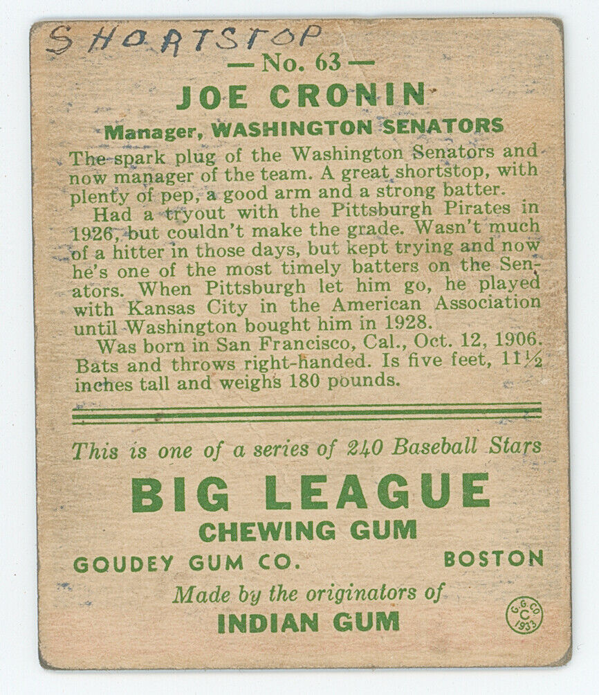 1933 Goudey Joe Cronin.