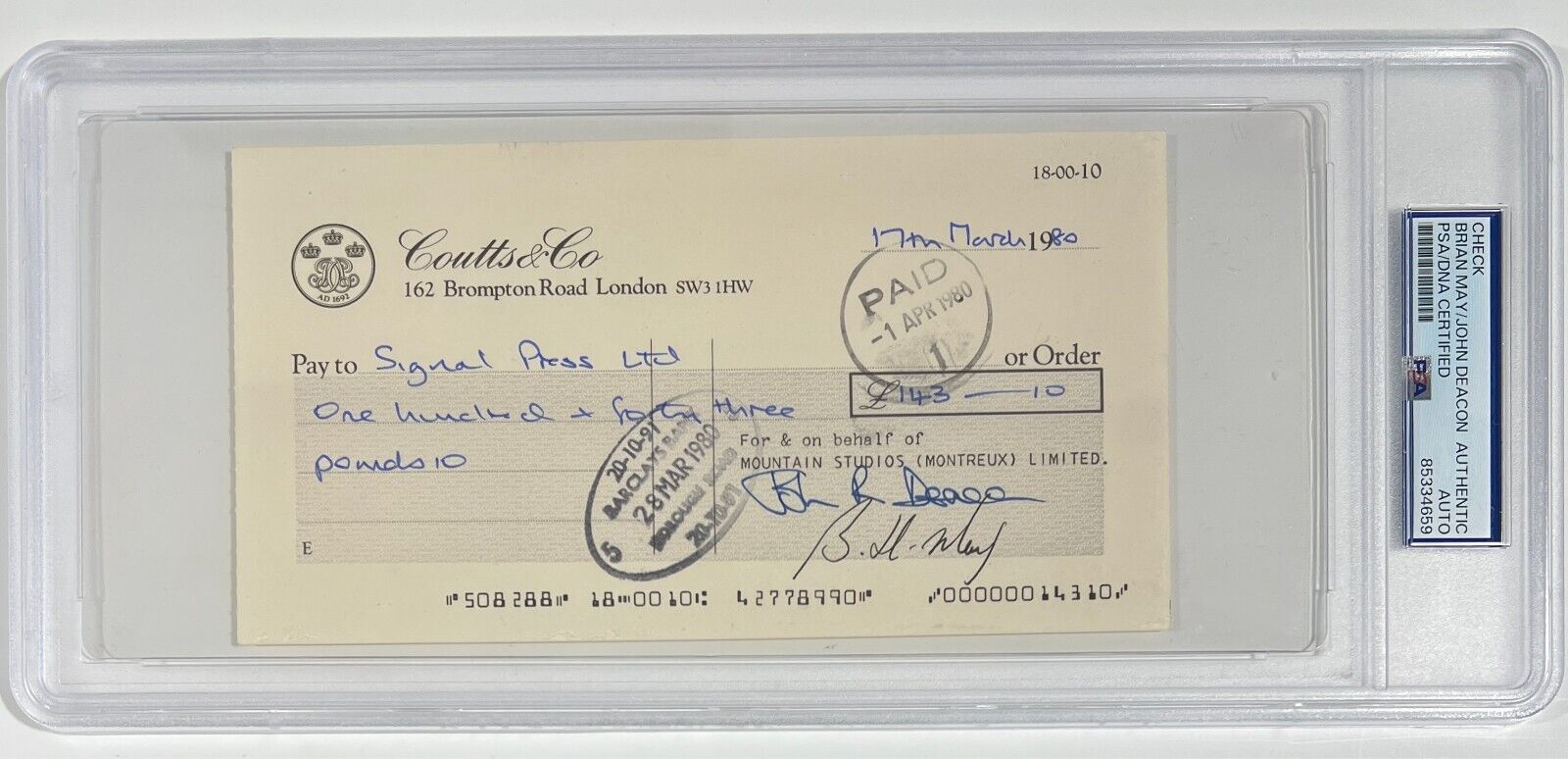Rare Freddie Mercury & Queen Signed Checks, Lot of 3. Auto PSA