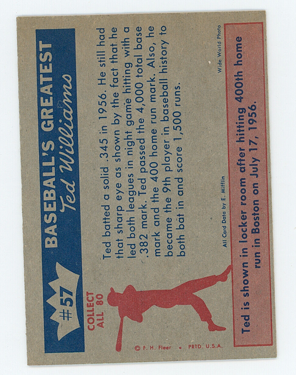 1959 Fleer Ted Williams "Ted Reaches 400th Homer". HOF Boston Red Sox.