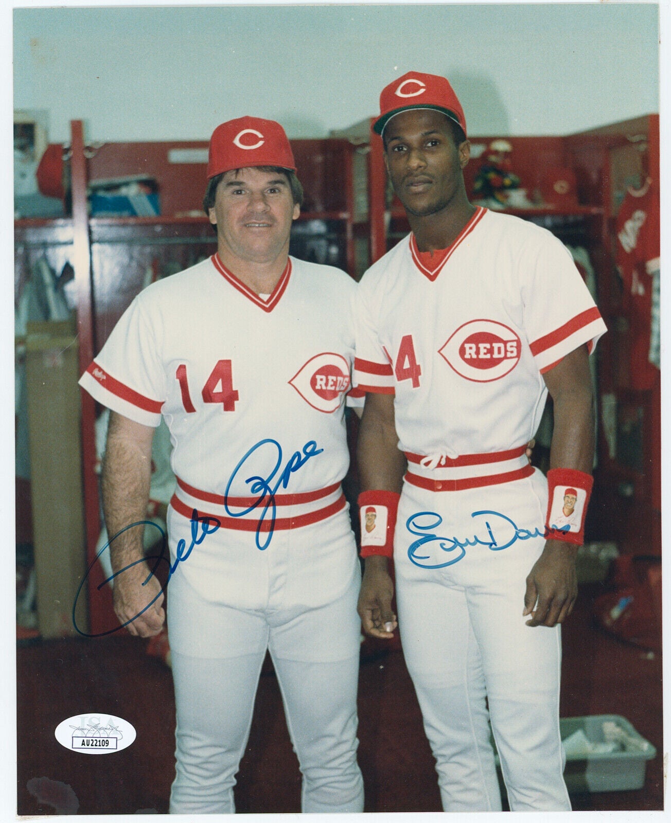 Pete Rose + Eric Davis Dual Signed 8x10 Photo. Mid 1980s. JSA
