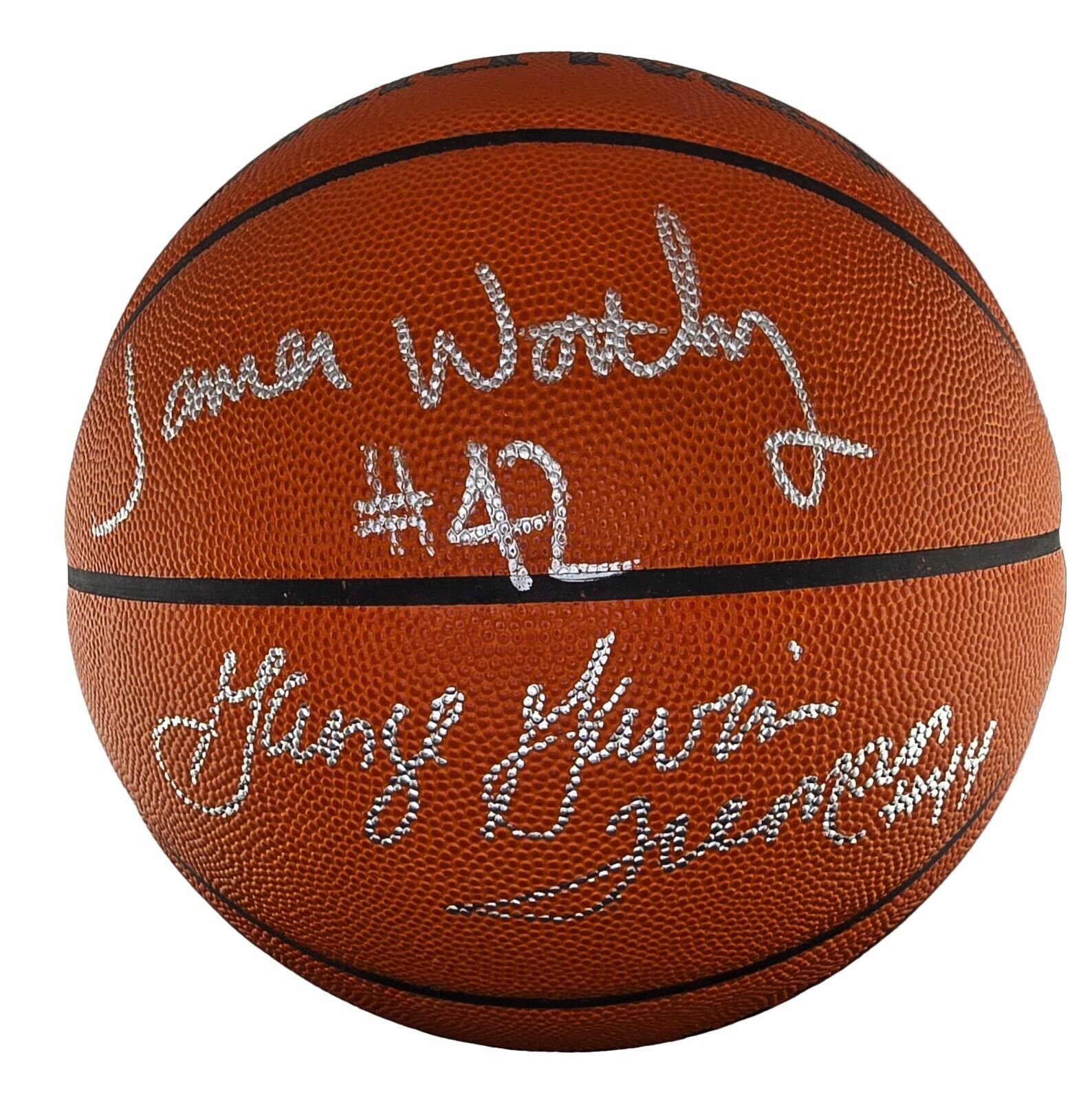 George Gervin & James Worthy Signed & Inscribed Basketball. JSA COA