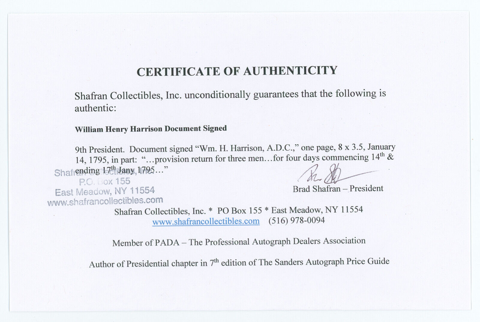 1795 President William H. Harrison Signed Document. JSA