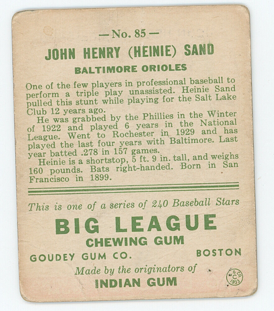 1933 Goudey John Henry (Heinie) Sand. Baltimore Orioles.