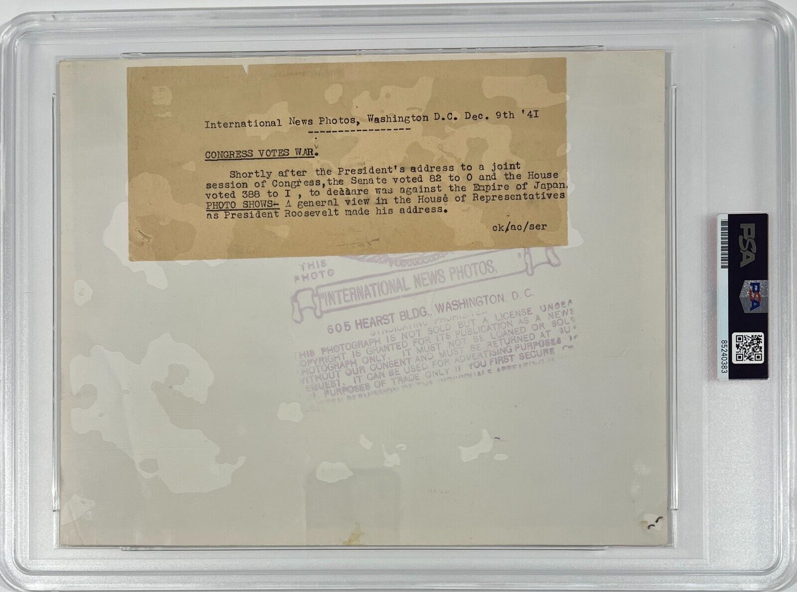 Franklin D. Roosevelt Original Photo. 1941 Day of Infamy Speech. PSA Type 1