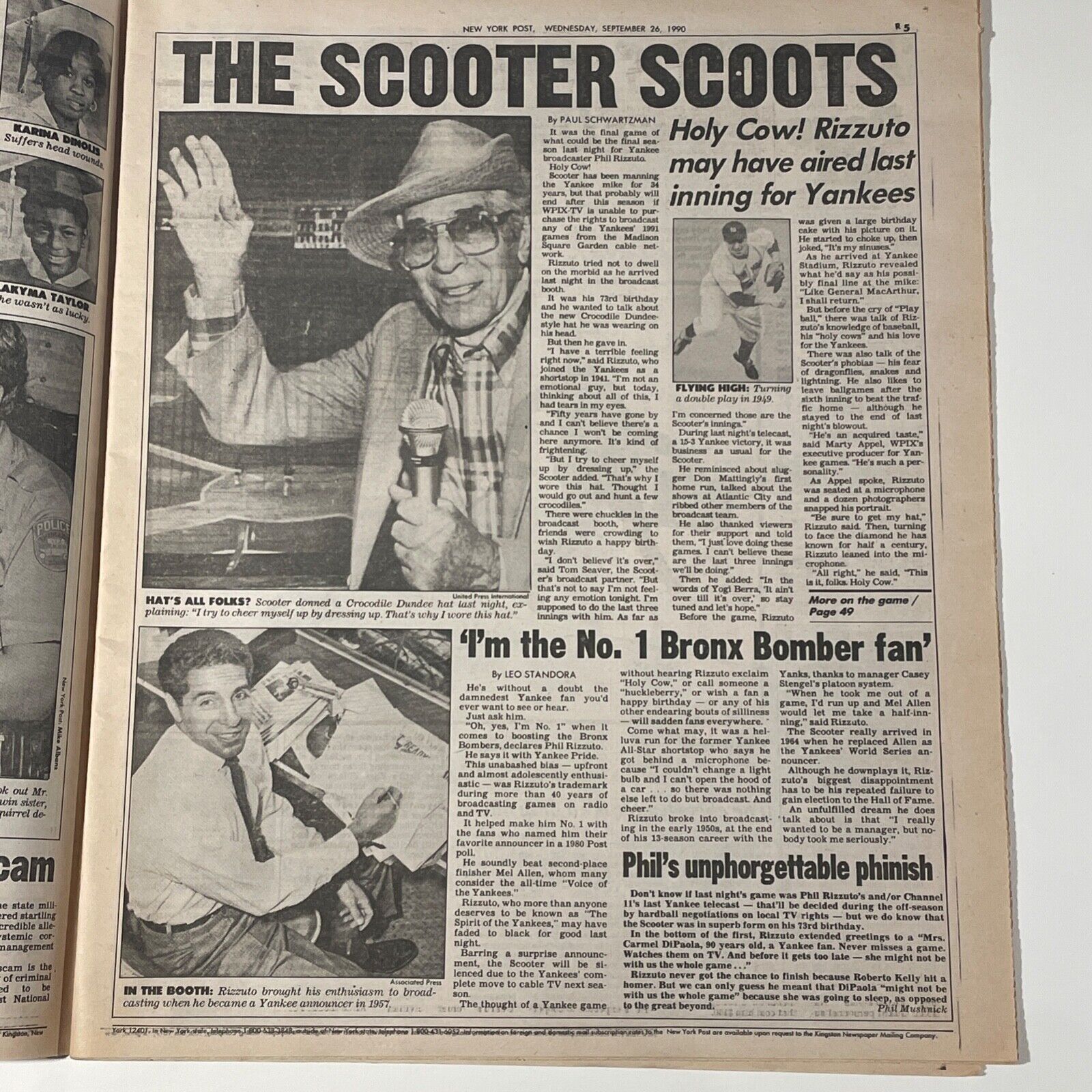 Phil Rizzuto Signed NY Post "Holy Cow" Newspaper. NY Yankees. JSA