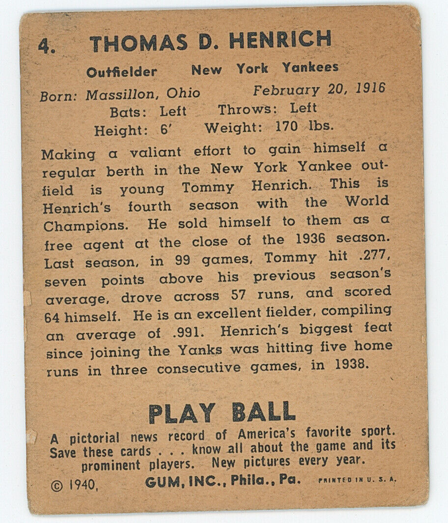 1940 Playball Tommy Henrich .