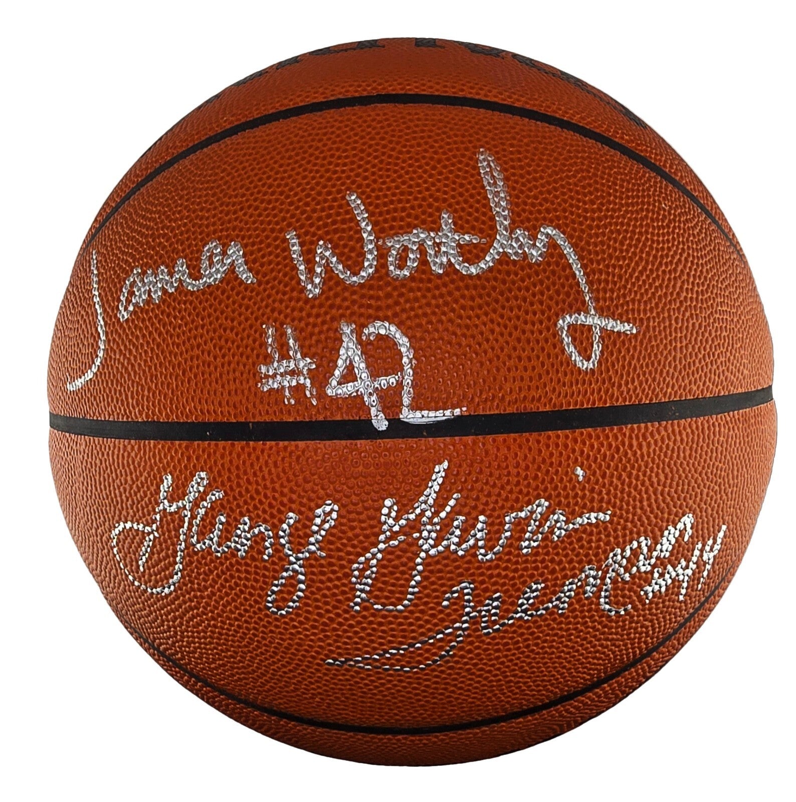 George Gervin & James Worthy Signed & Inscribed Basketball. JSA COA0
