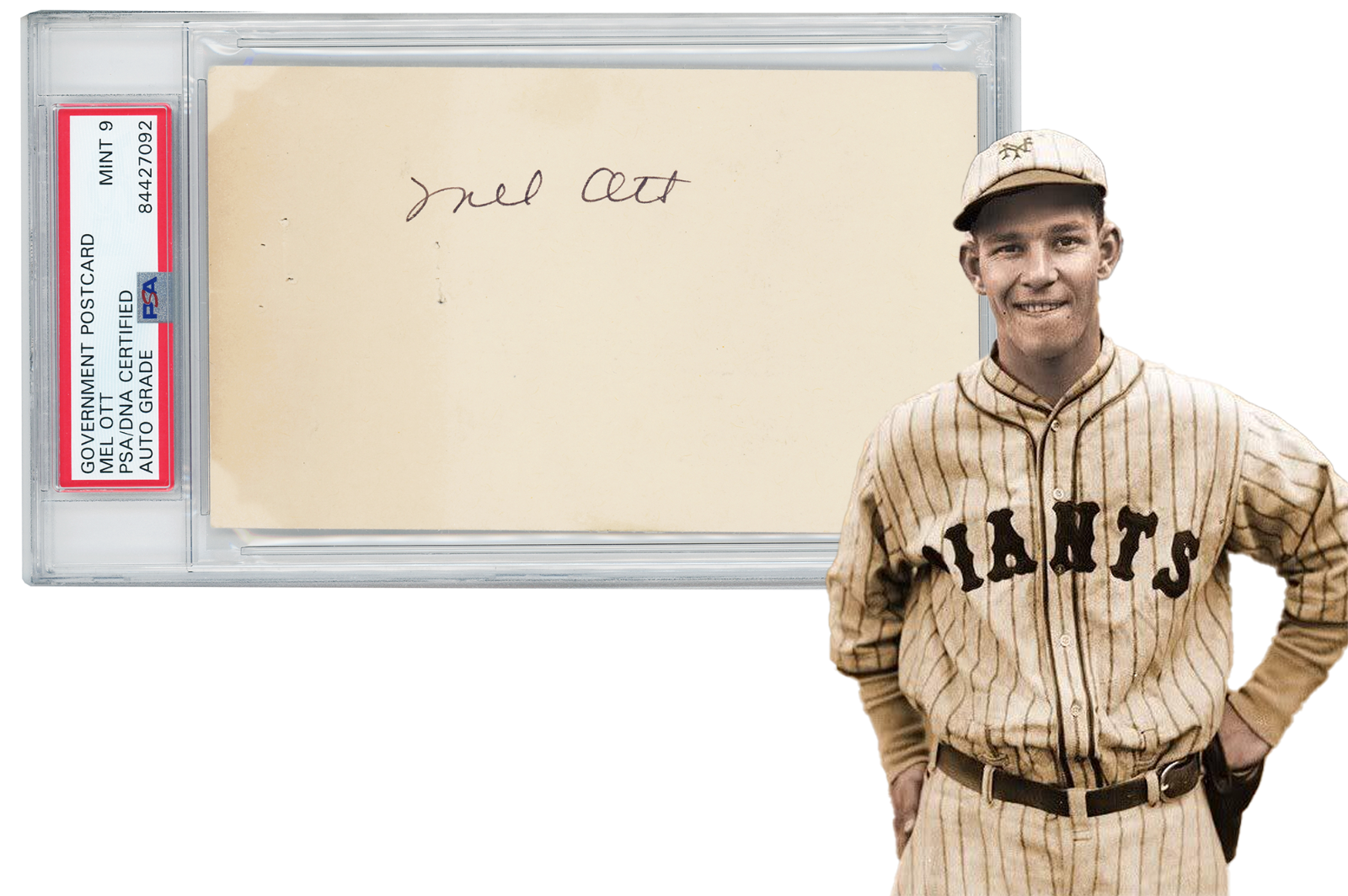 1948 Mel Ott Signed Government Postcard, Mint. PSA 90