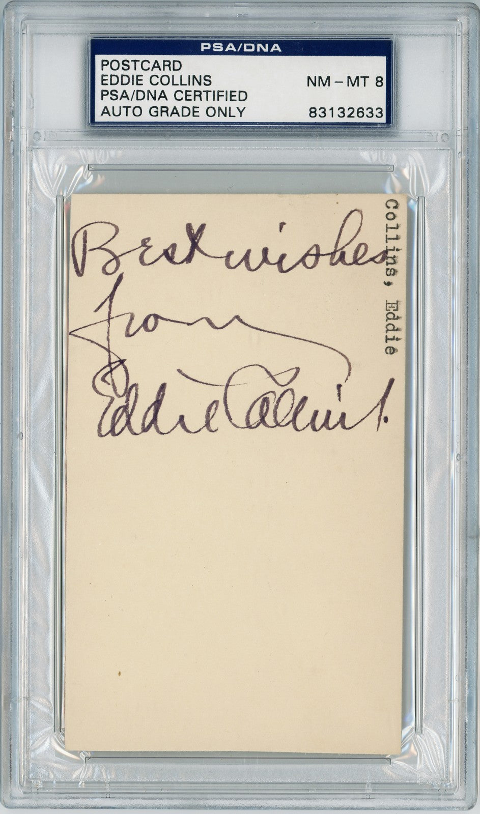 Eddie Collins Signed 1949 Government Postcard GPC. PSA 81