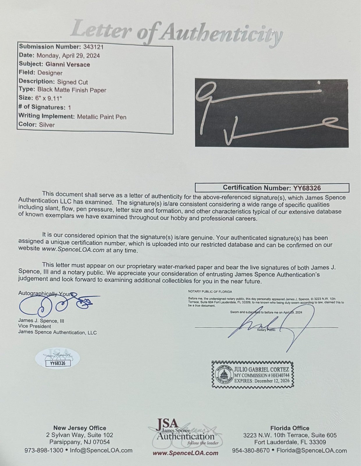 Gianni Versace Signed Autograph Display. Gigantic Signature Inscribed &