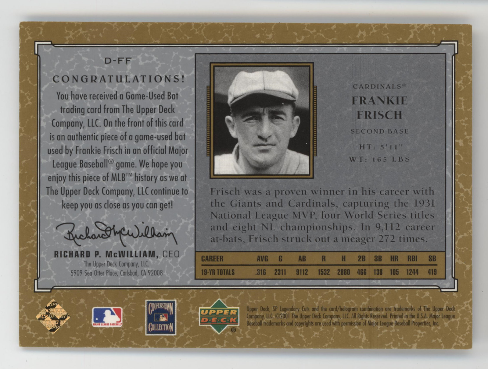 Frankie Frisch 2001 Upper Deck SP Legendary Debut Bat. D-FF. St. Louis Cardinals1