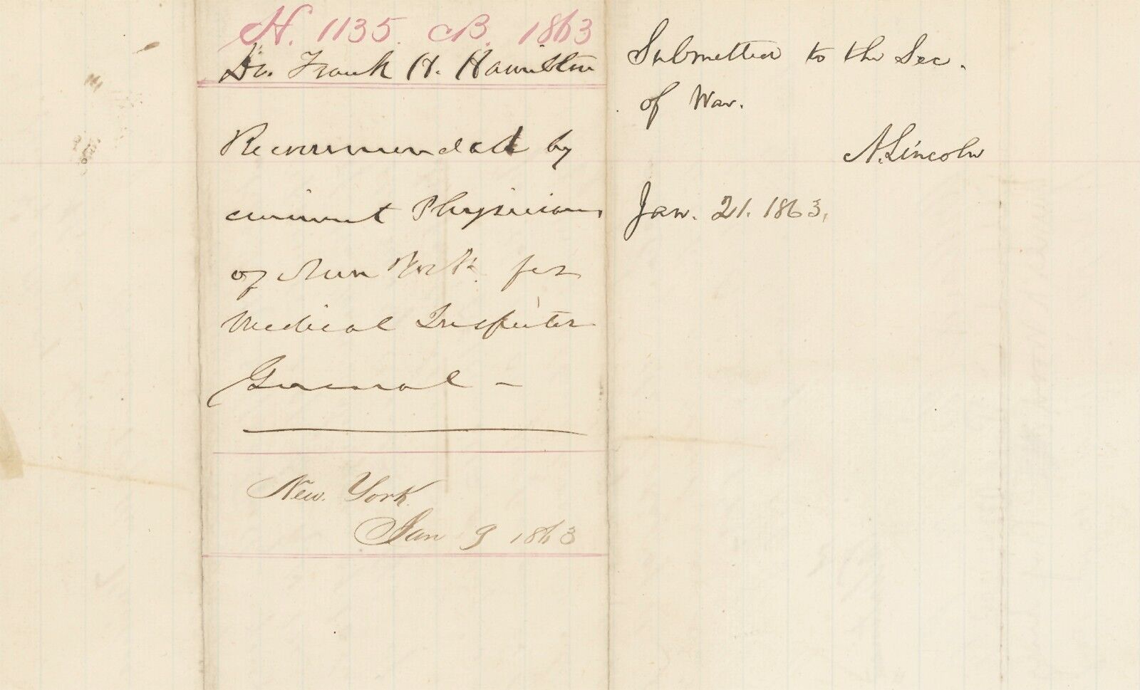 Abraham Lincoln Signed 1863 Recommendation, US Medical Inspector General . JSA