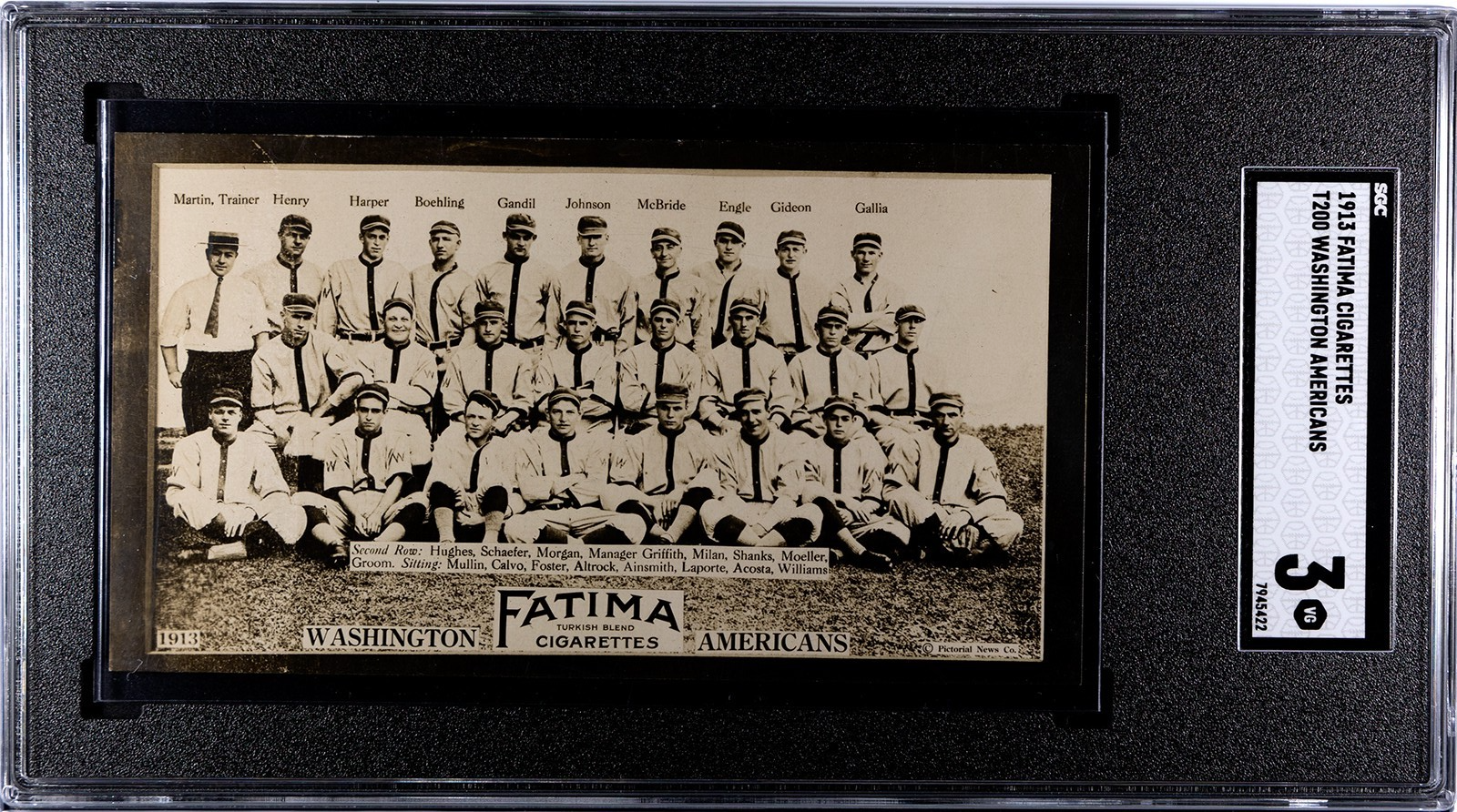 1913 Fatima T200 Washington Americans. Walter Johnson, Gandil, Griffith SGC 30