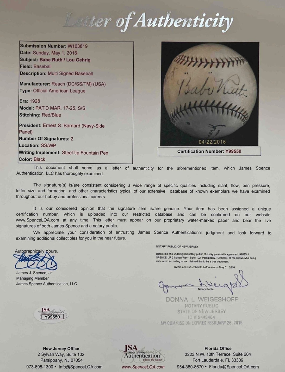 Babe Ruth & Lou Gehrig Dual Signed Official American League Baseball. PSA JSA6