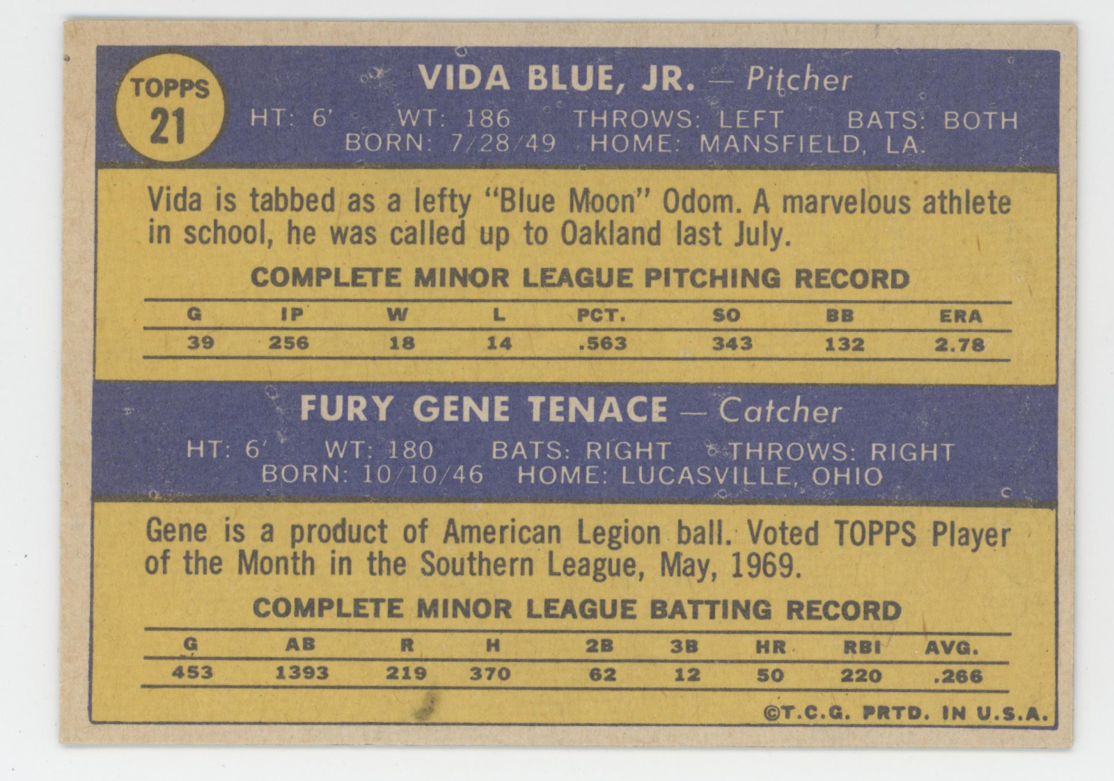 Vida Blue 1970 Topps.
