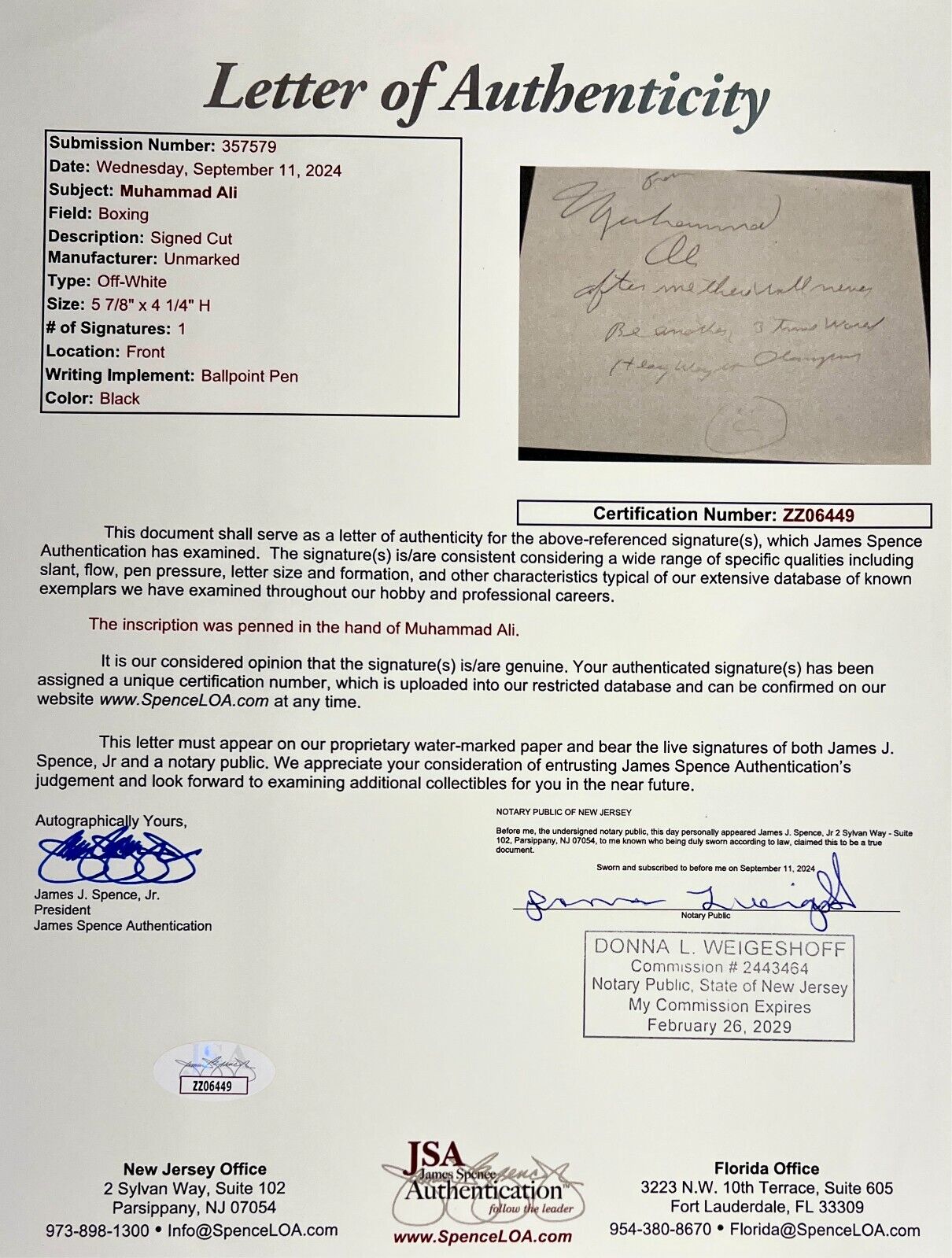 Rare Muhammad Ali Signed & Inscribed Autograph Display. Auto JSA