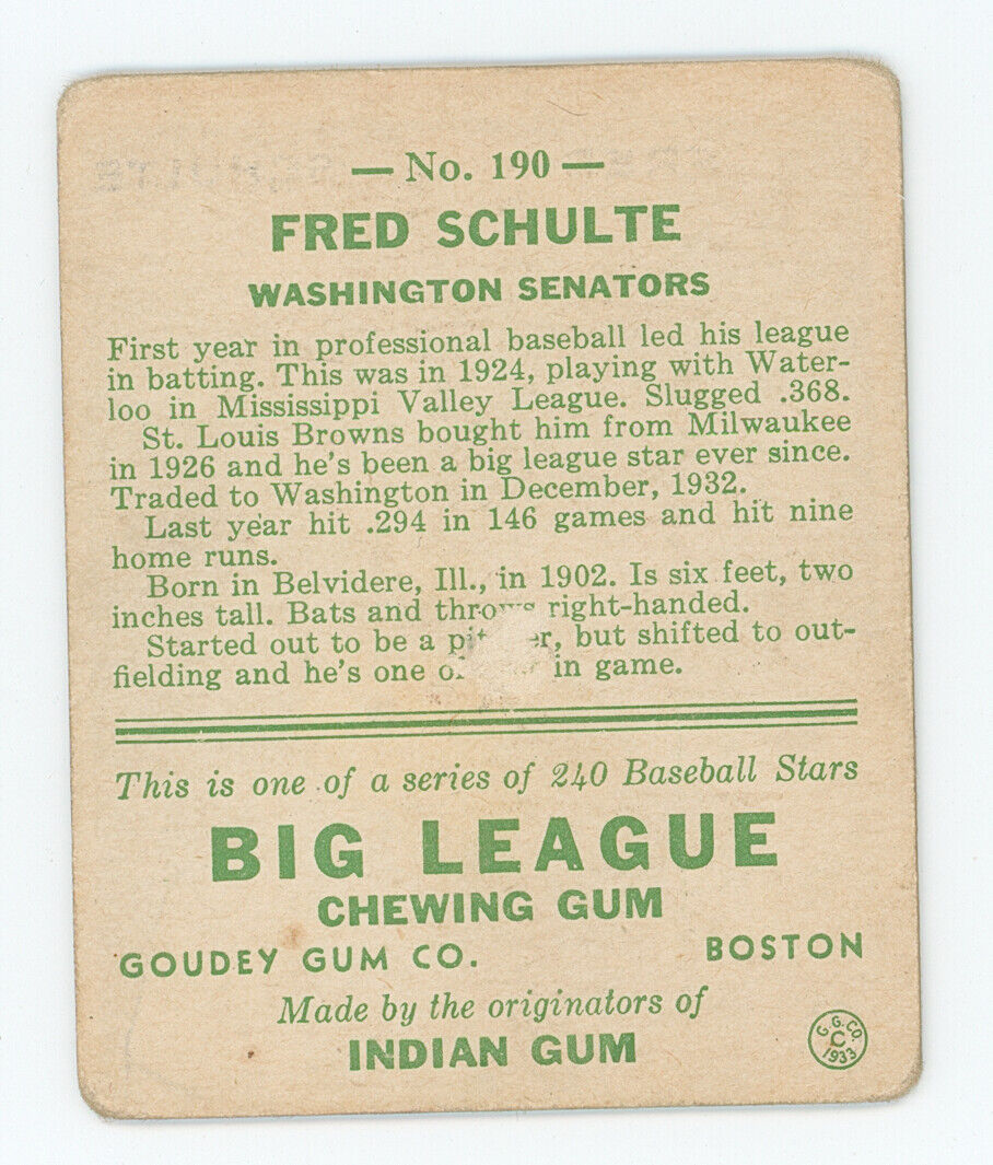 1933 Goudey Fred Schulte.