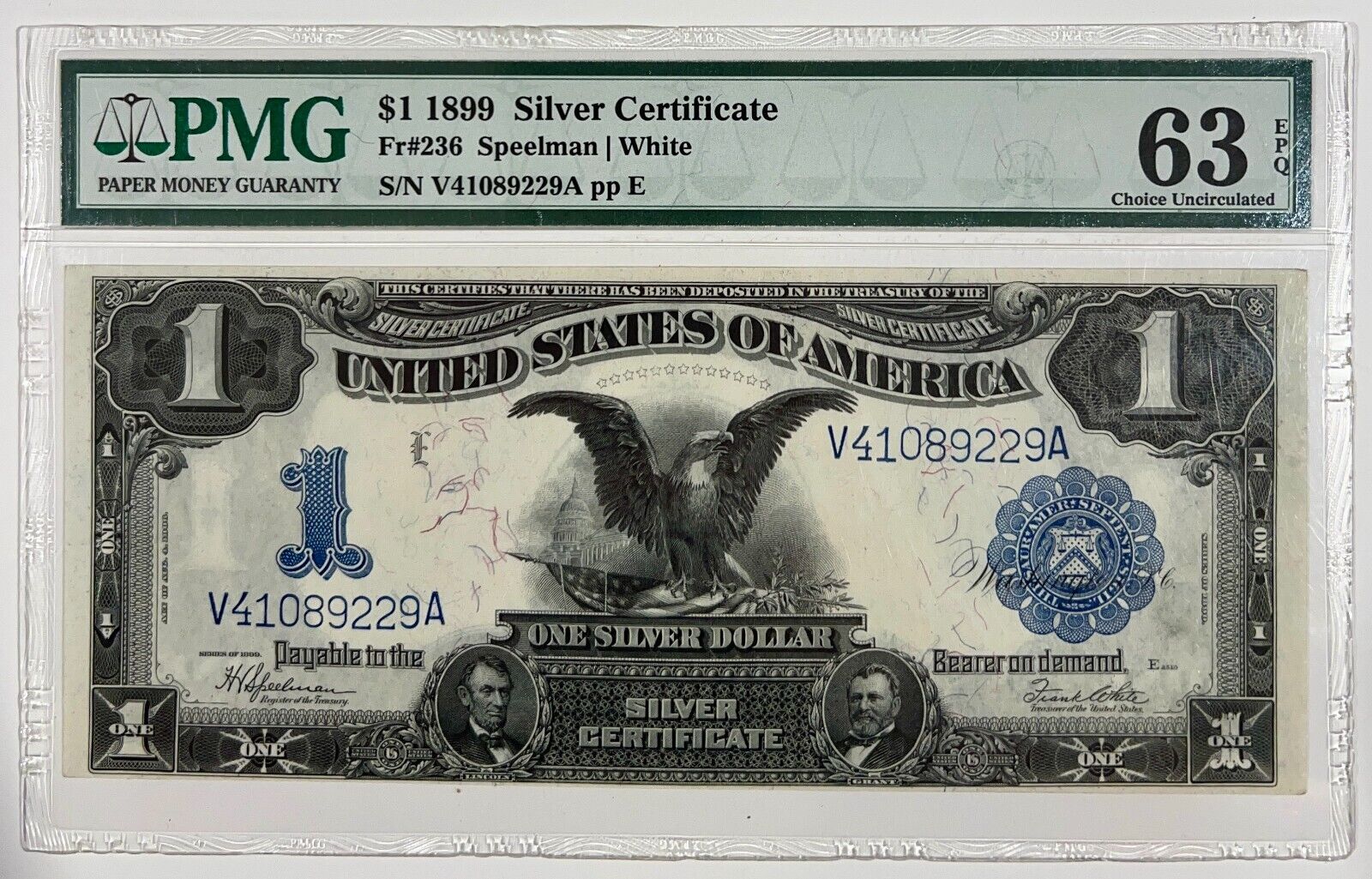 1899 $1 Black Eagle Note. PMG 63 EPQ. Lincoln & Grant. Iconic Imagery.