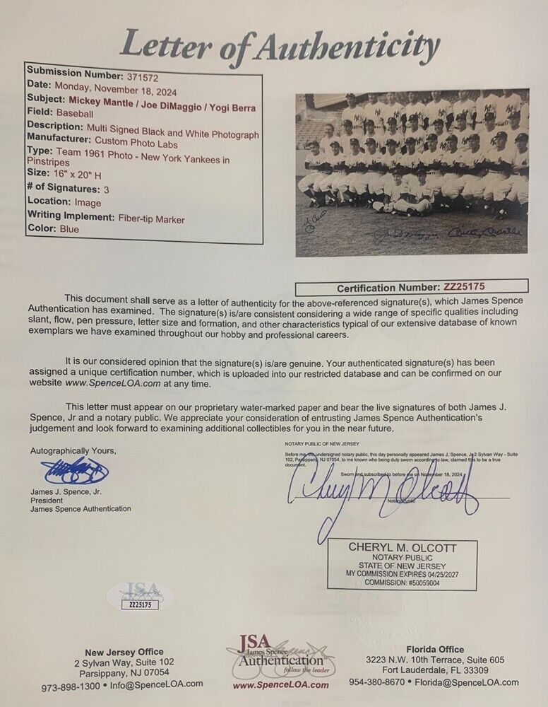 1951 New York Yankees Signed & Framed Photo. DiMaggio, Mantle, and Berra. JSA