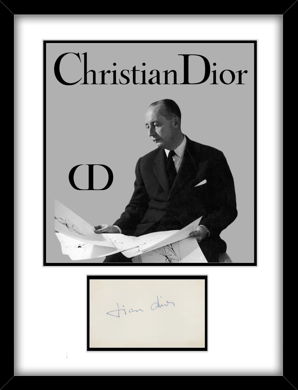 Christian Dior Signed Autograph Display. Rare Signature. 3x5 Index. PSA0