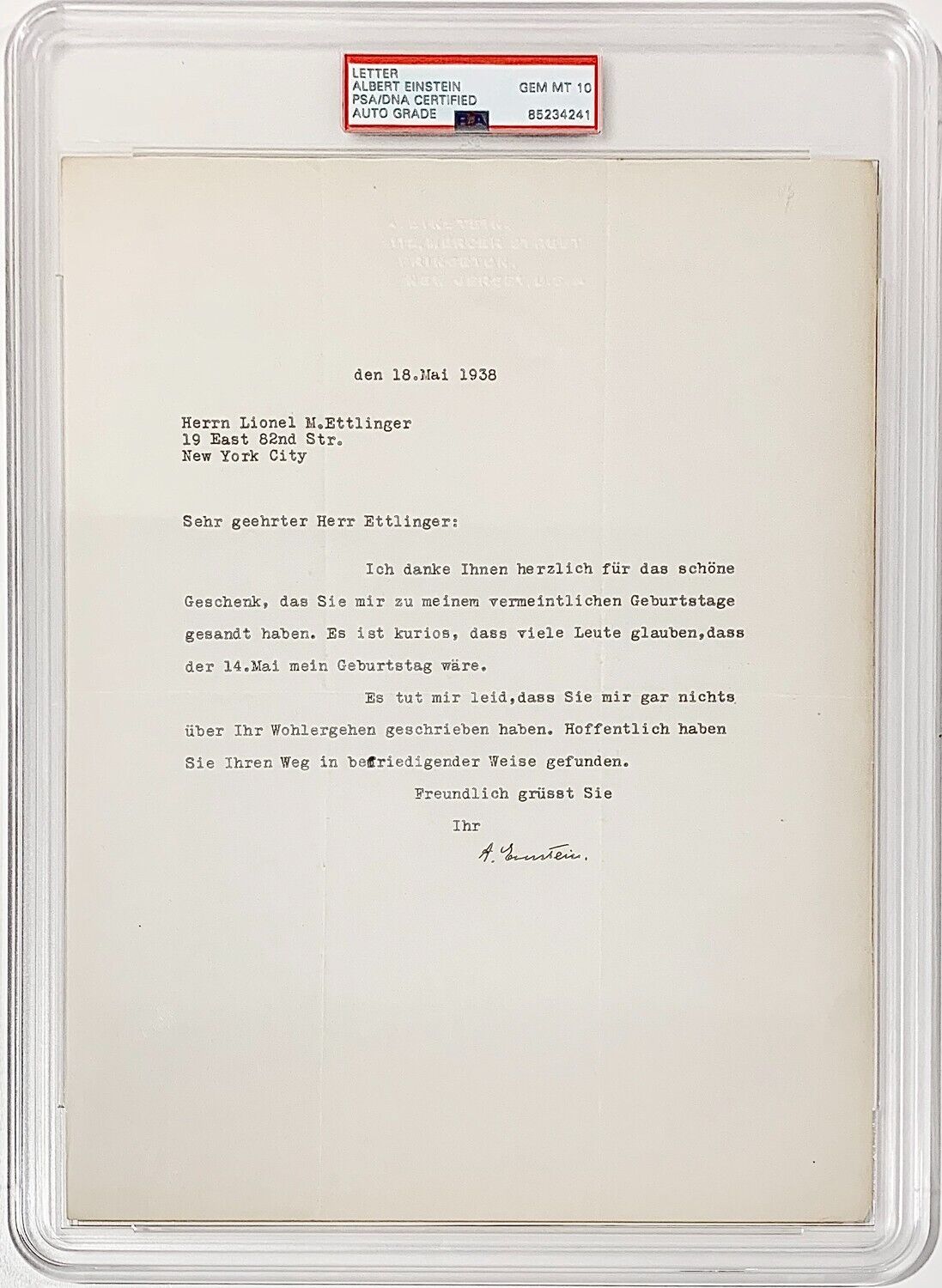 Rare Albert Einstein Signed 1938 Letter, World War II Era. Auto PSA 10 Gem Mint