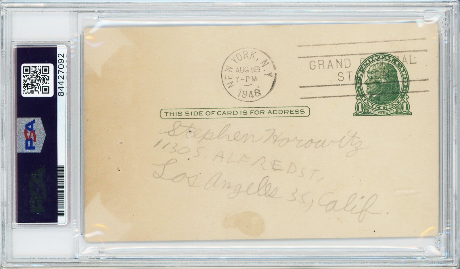 1948 Mel Ott Signed Government Postcard, Mint. PSA 92