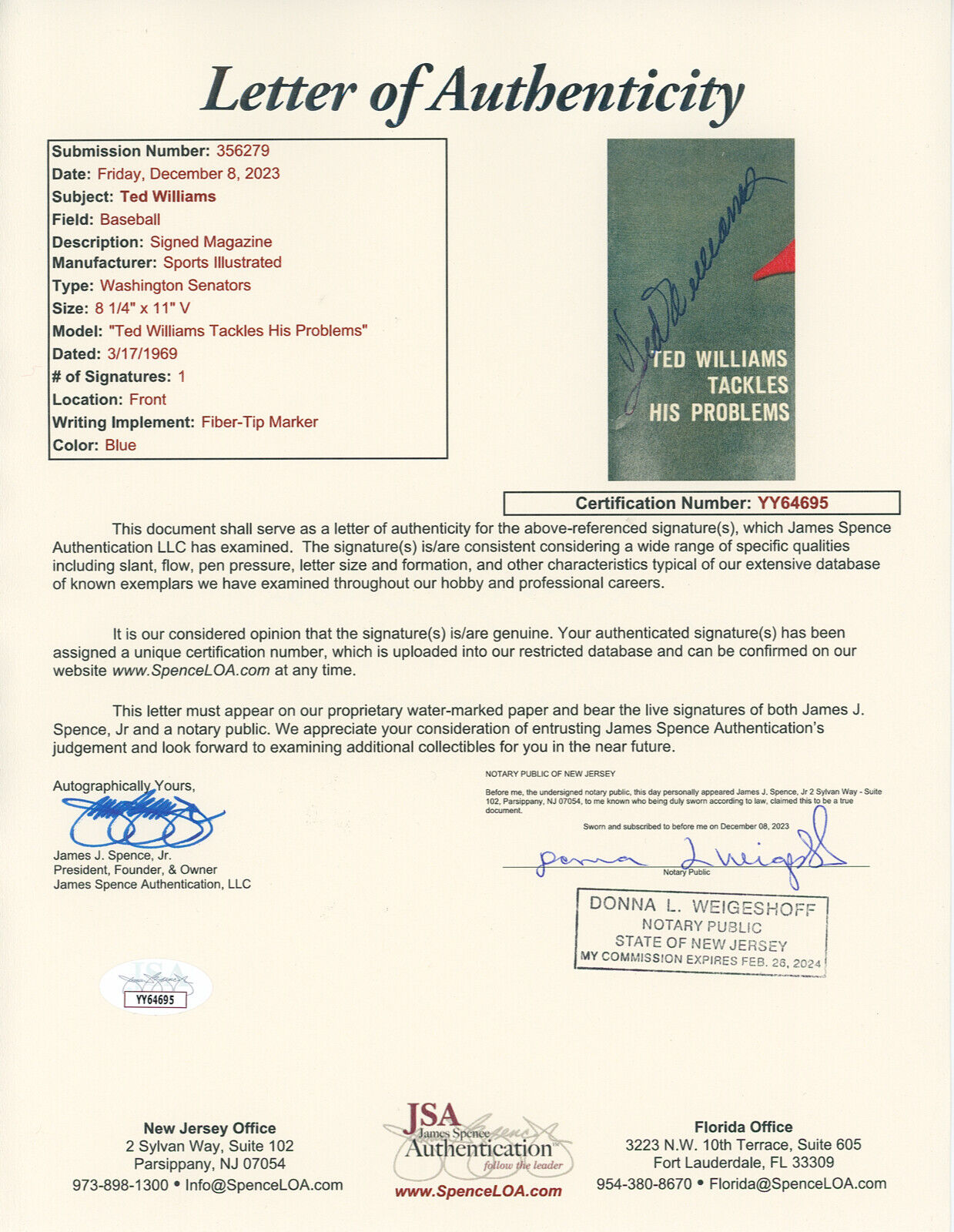 Ted Williams Sports Illustrated Signed Magazine, 1969. JSA