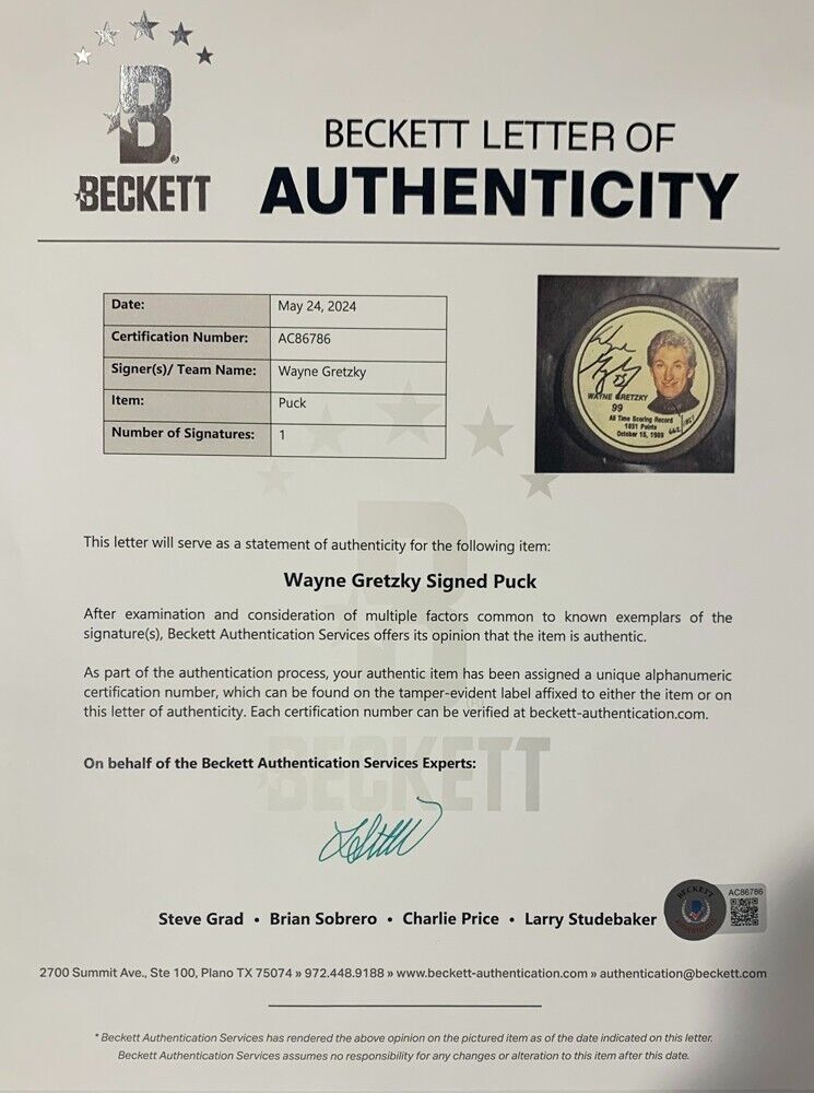 Wayne Gretzky Signed Puck, Limited Edition Scoring Record. Auto Beckett BAS