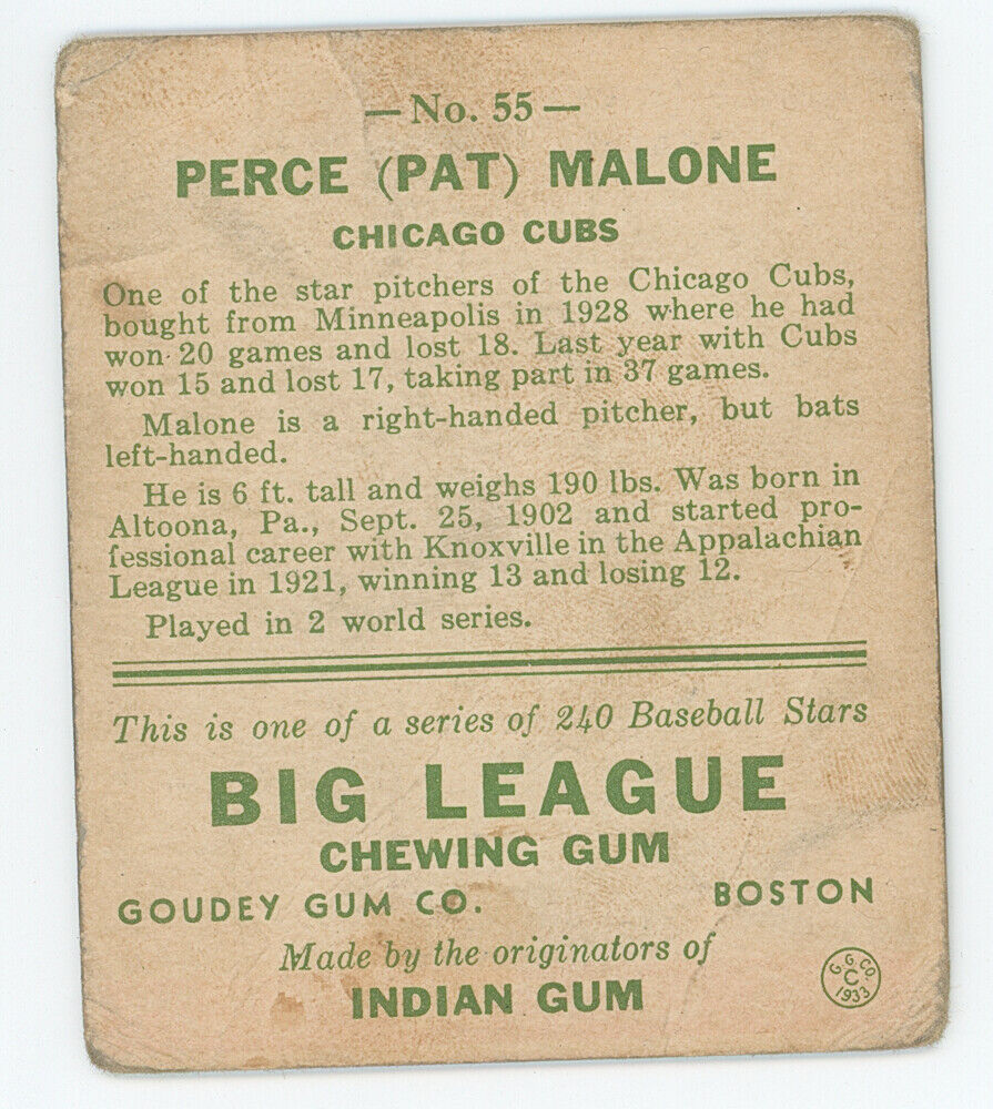 1933 Goudey Perce (Pat) Malone. Chicago Cubs.