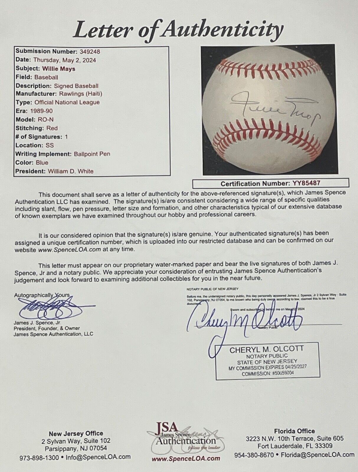 Willie Mays Single Signed Baseball. JSA.