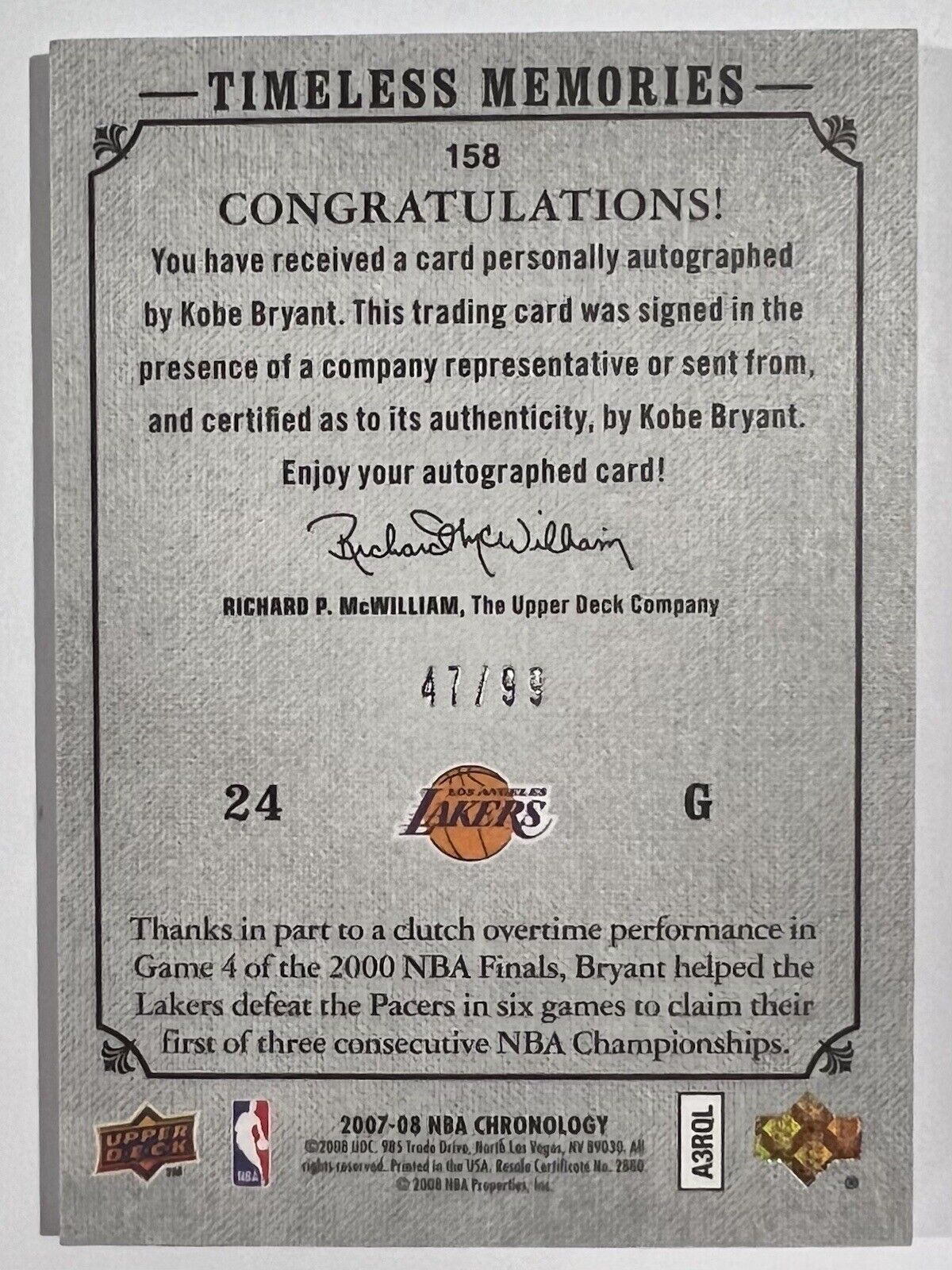 2007-08 NBA Chronology Kobe Bryant Upper Deck Timeless Memories