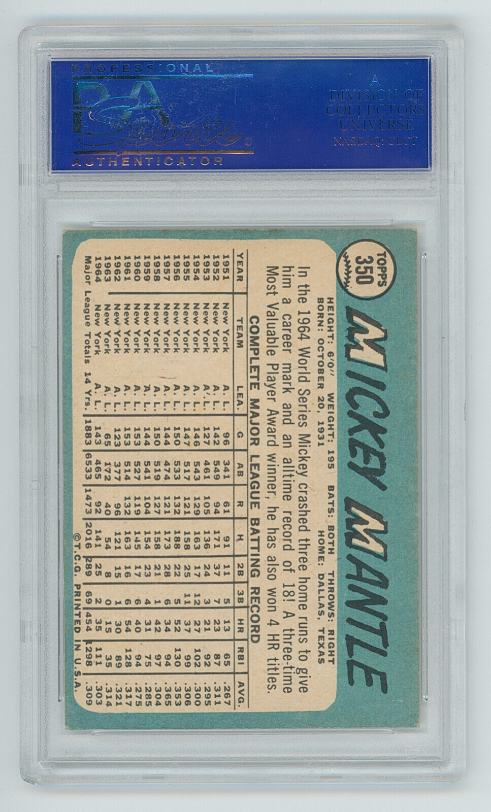 1965 Topps Mickey Mantle. New York Yankees.