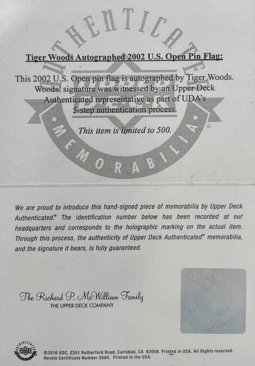 Tiger Woods Signed 2002 U.S. Open Bethpage Black Flag. Upper Deck UDA LE2